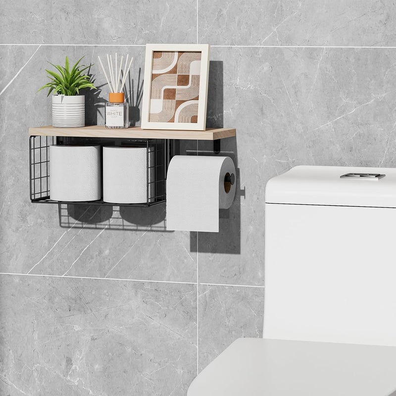 VITVITI Toilet Paper Holder with Shelf, Wall Mounted Toilet Paper Storage Basket, Wood Metal Toilet Roll and Wipes Holder for Bathroom Farmhouse (Natural) - Image 4